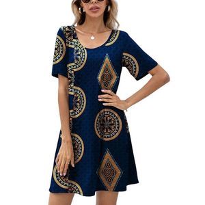 SAKURAFINA Navy Blue & Yellow Geometric Short Sleeve Shift Dress Size S